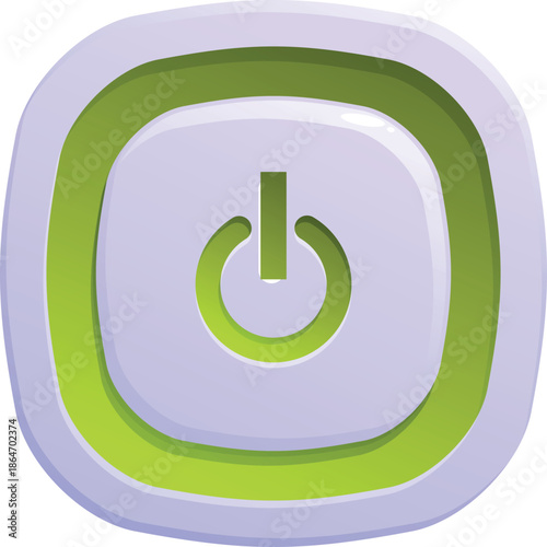 Green power button showing start or on symbol on a soft rounded square with light purple background