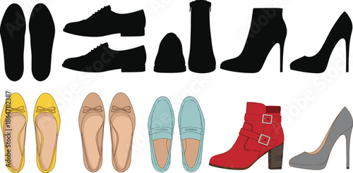 Shoe silhouettes, colored footwear, fashion icons, stylish shoes, elegant heels, trendy boots, men's loafers, women's flats, modern design, footwear collection