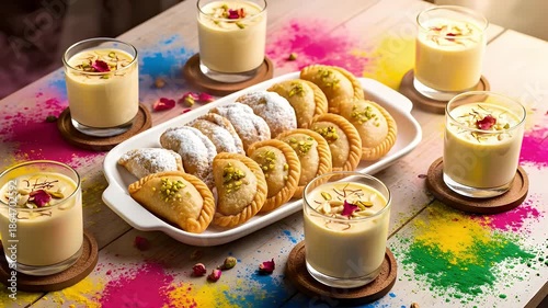 Traditional Indian sweets and creamy drinks served on a table with colorful Holi powder decorations.