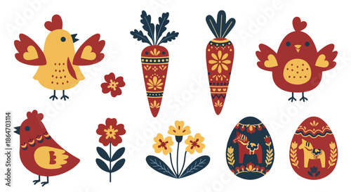 Collection of colorful Easter-themed illustrations including chickens, eggs, carrots, and flowers in a folk-art style against a clean white background.