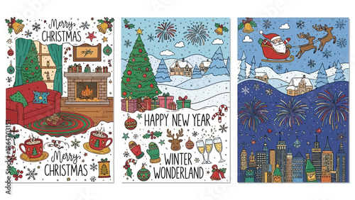 Christmas doodle illustration, New Year whimsical postcard print set, winter holiday decoration. Hand drawn festive table, pine tree, cosy fireplace, retro party invitation graphic. Christmas doodle