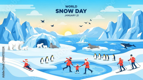 World Snow Day celebration with families enjoying winter activities in an arctic landscape featuring polar bears penguins seals and whales vector illustration for holiday promotion