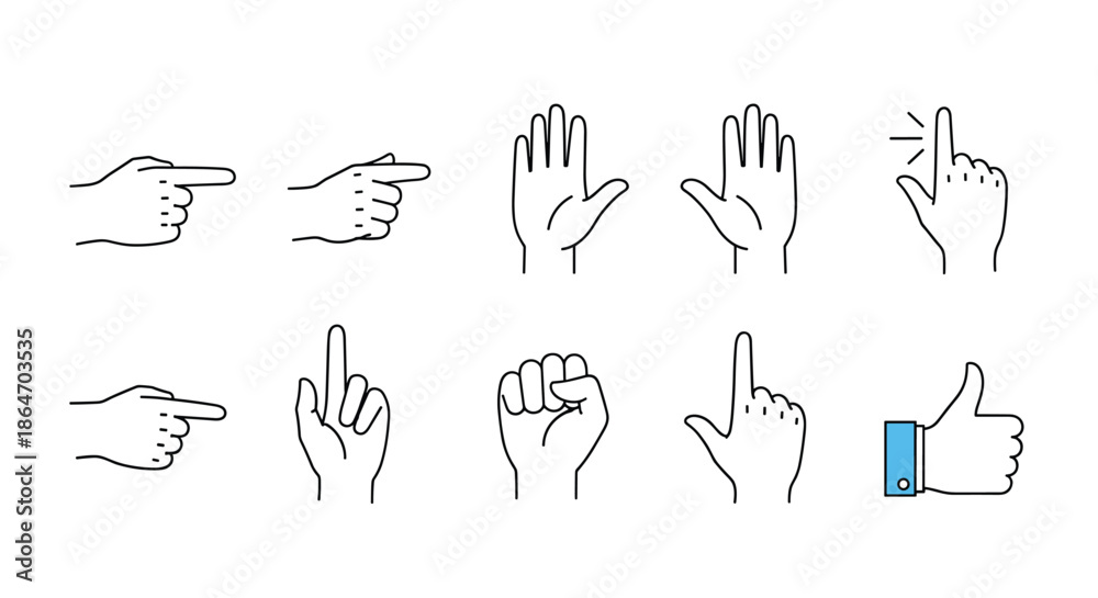 Fototapeta premium Collection of diverse hand gestures in a minimalist line art style, including pointing, open palm, fist, tap, and thumbs up.