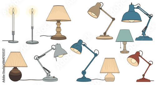 Collection of various desk lamps and table lighting fixtures in different styles and colors for interior design projects.