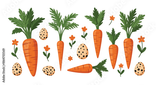 Flat lay illustration of carrots, speckled eggs, and orange flowers on a white background with a playful Easter theme.