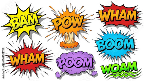 Dynamic comic book sound effect bursts BAM POW WHAM BOOM POOM WOAM creating a powerful visual narrative for action scenes and retro designs
