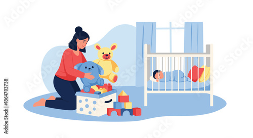 A diligent parent organizing a child's playroom, placing a blue stuffed dog and blocks into a storage bin as a baby rests nearby.