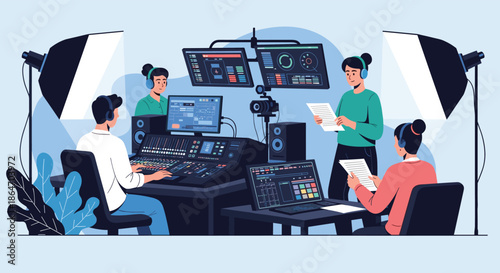 Team of media professionals collaborating in a modern studio control room with advanced equipment for video and sound production.