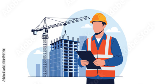 A construction engineer in a hard hat and safety vest stands in front of a building under construction with a large crane, overseeing the project.