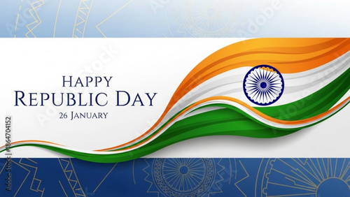 Indian republic day celebration with waving tricolor flag and happy republic day text on white background with Indian flag and Patriotic and National holiday