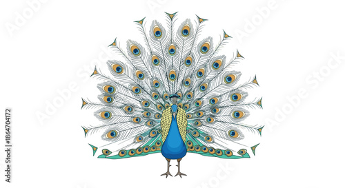 Vibrant graphic illustration of a majestic peacock with its fanned tail feathers, showcasing intricate blue and gold eye-spot patterns against a clean white background.