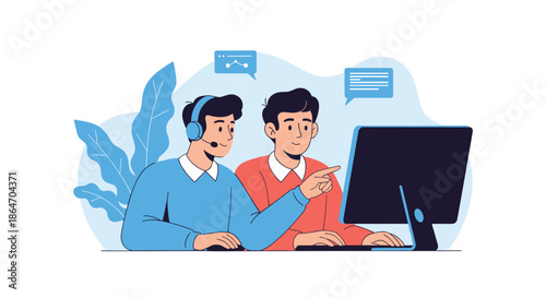 Two male colleagues collaborate on a computer, with one wearing a headset, providing online support or training.