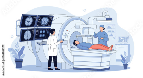 Medical professionals conduct an MRI or CT scan on a patient, observing brain imaging results on multiple screens.