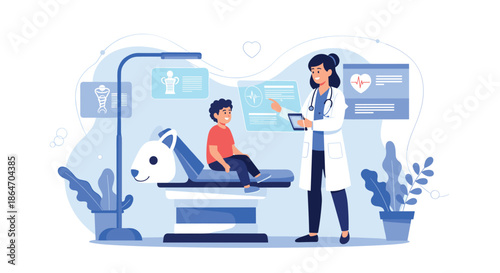 A female doctor consults with a young boy in a modern clinic, surrounded by digital medical displays.