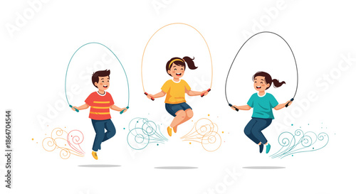Three happy children joyfully jump rope together, engaging in a fun and healthy outdoor activity.