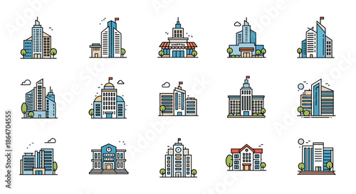A collection of colorful flat design building icons representing diverse urban architecture, commercial structures, and public services.