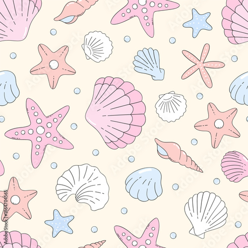 Seamless Pastel Seashell and Starfish Pattern in Cute Coquette Style for Nursery Decor, Summer Fabrics, Wallpaper and Stationery