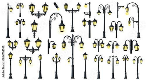 Variety of antique and classic street lamp posts with glowing lanterns for urban landscape design and nighttime city scenes.