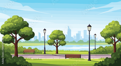 Peaceful city park scene with green trees benches and a calm lake with a modern city skyline in the background.