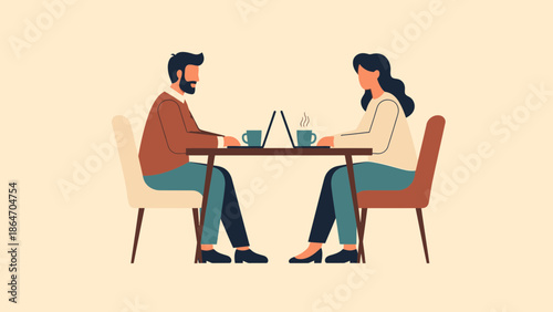 Illustration of a man and woman working and chatting at a cafe table with laptops and coffee cups