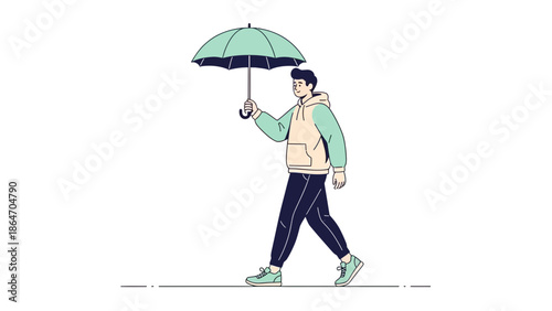 illustration of a young man walking with an umbrella in casual clothing on a white background