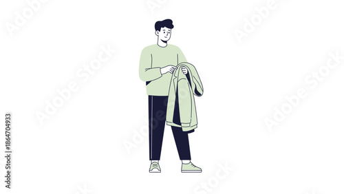 Young man holding a jacket and checking his clothes in a minimalistic illustration