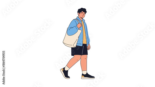 Young male student walking with backpack in casual clothing the perfect illustration for education