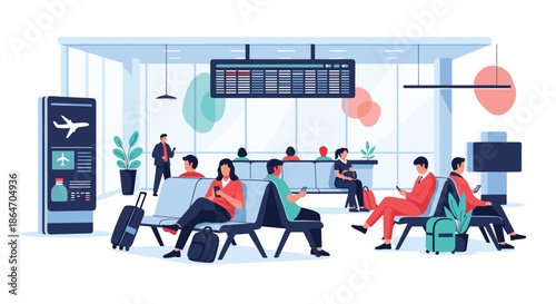 Passengers waiting in a modern airport lounge with flight information displays and digital kiosks, checking their phones before boarding.