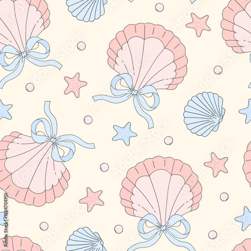Coquette Seashell Seamless Pattern with Pastel Bows, Starfish and Pearls on Soft Cream Background