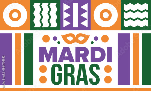 Mardi Gras Carnival in New Orleans. Fat Tuesday. Traditional holiday, celebration annual. Folk festival, costume masquerade, fun party. Carnival mask. Poster, card, banner and background. Vector