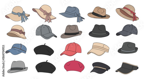 Extensive collection of different hat styles for men and women including fedoras caps berets and sun hats for fashion design.
