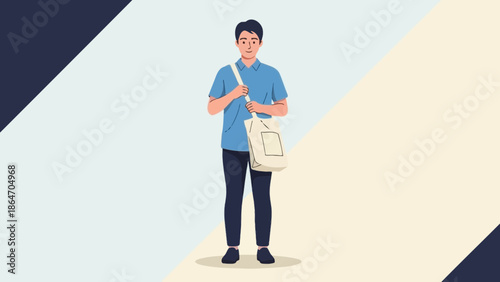 Young male student with backpack standing confidently in casual attire on a minimalist background