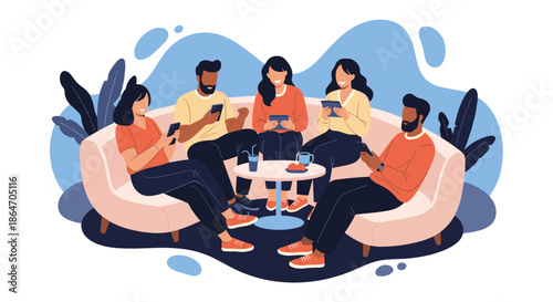 Diverse young adults are gathered on a sofa, each engrossed in their smartphone or tablet, illustrating modern digital social dynamics.