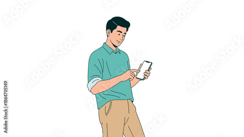 Young man happily using a smartphone and enjoying technology in daily life