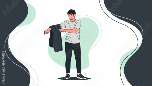 Young man hanging up jacket in a modern minimalistic room with abstract design elements