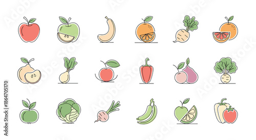 A collection of colorful and fresh fruit and vegetable icons in a modern, hand-drawn line art style, perfect for healthy eating concepts.