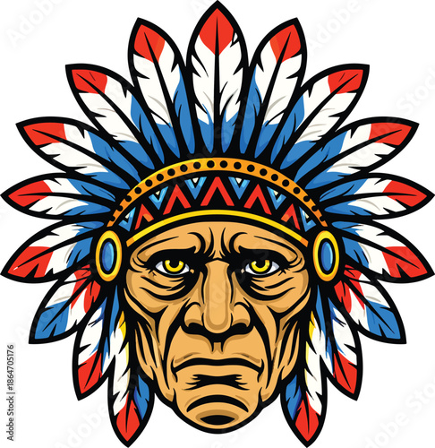 Native American Tribal Chief Face Vector Illustration with Feather Headdress