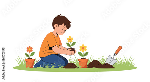 Young boy kneeling on the grass planting flowers in a garden with a small shovel for hobby and nature themes.