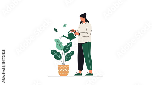 Young woman caring for a houseplant by watering it with a watering can in a minimalistic