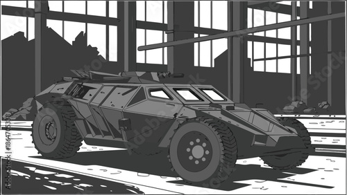 A lone armored vehicle stands amidst the destruction of a ruined industrial warehouse