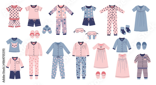 Selection of children pajamas and sleepwear sets with various patterns and accessories like masks and slippers for comfort.