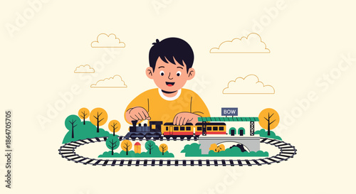 A cheerful young boy plays with his elaborate toy train set, featuring tracks, a locomotive, passenger cars, a station, and scenic elements.
