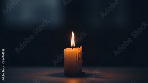 A single lit candle with a bright flame standing alone on a dark surface with shadows cast around it in a dimly lit room with a window with peaceful