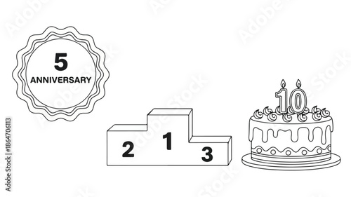 Line drawing of a podium with numbers 1, 2, 3 and a cake with the number 10 on top, next to a 5 year anniversary seal on a white background.