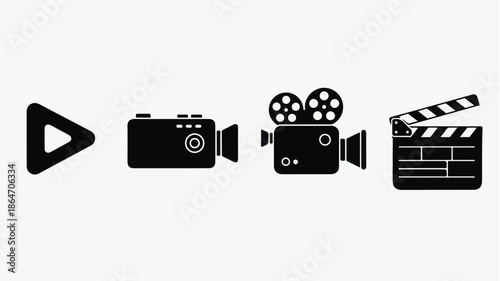 Flat lay of film production icons including a play button, camera, movie camera, and clapperboard on a white background.