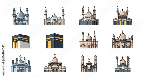 A collection of various mosque icons and Kaaba illustrations, showcasing different architectural styles of Islamic places of worship.
