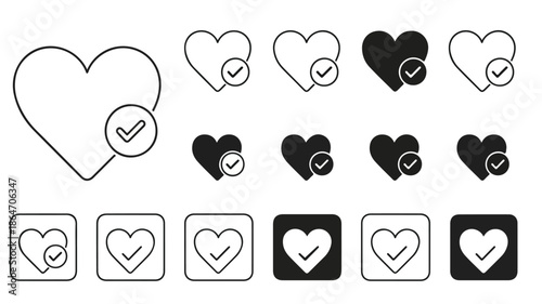 Collection of various heart icons with checkmarks in different colors and styles on a white background.