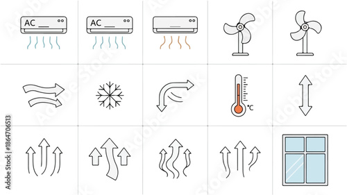 A collection of various air conditioning and temperature control icons on a clean white background with a focus on ventilation and climate symbols.