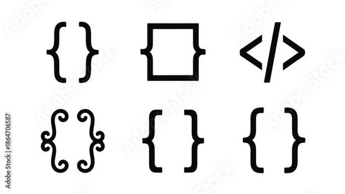 Black and white illustration of various curly and straight bracket symbols on a plain white background.