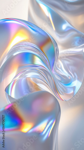Iridescent flowing fabric texture with soft metallic sheen and rainbow highlights, graceful abstract curves evoke calm and delicate motion